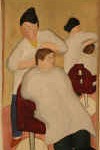 beim Friseur 1999, in Holz geschnitztes Relief, bemalt 48 x28 cm